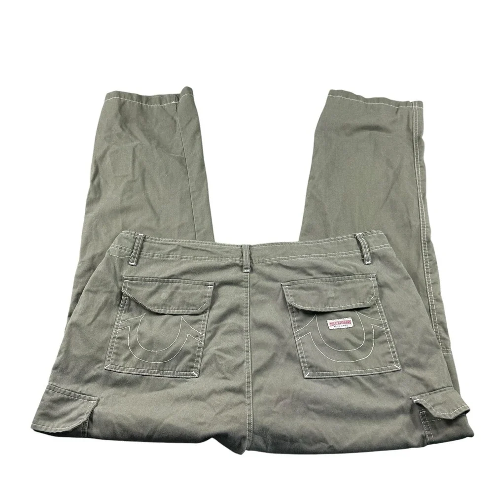 True Religion Green Canvas White Stitch Mens Cargo Pant Size 38x31